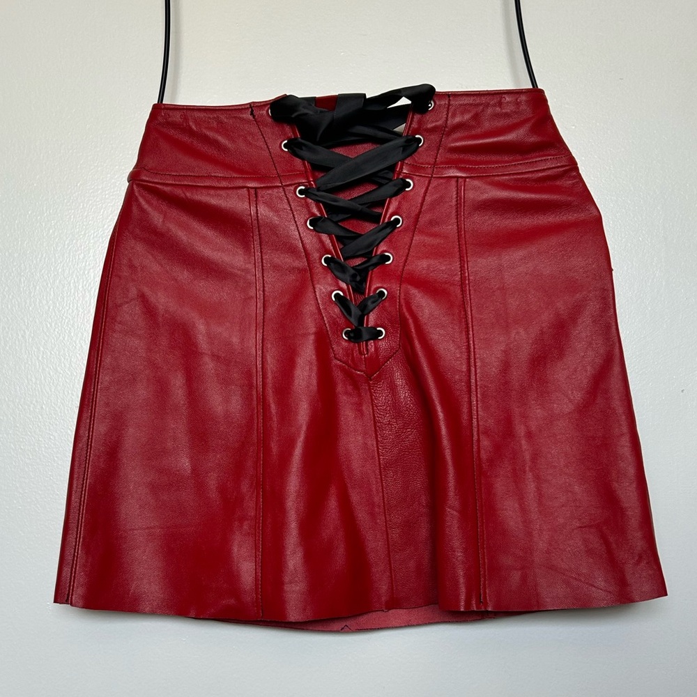 Handmade red Leather lace up mini skirt
